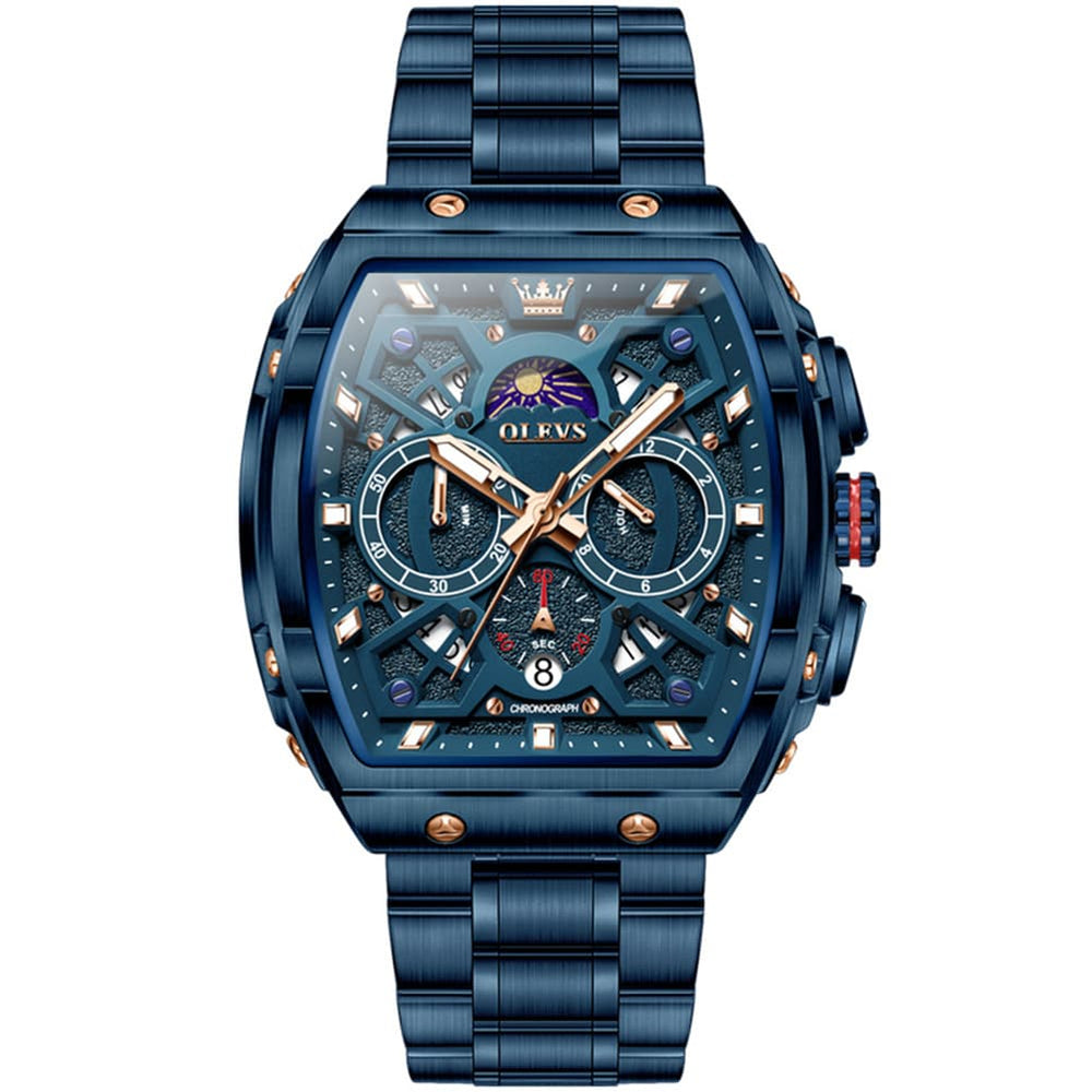 OLEVS 2942 Tonneau Dual Time Quartz Watch for Men - All Blue Watch | Olevs Watch Store