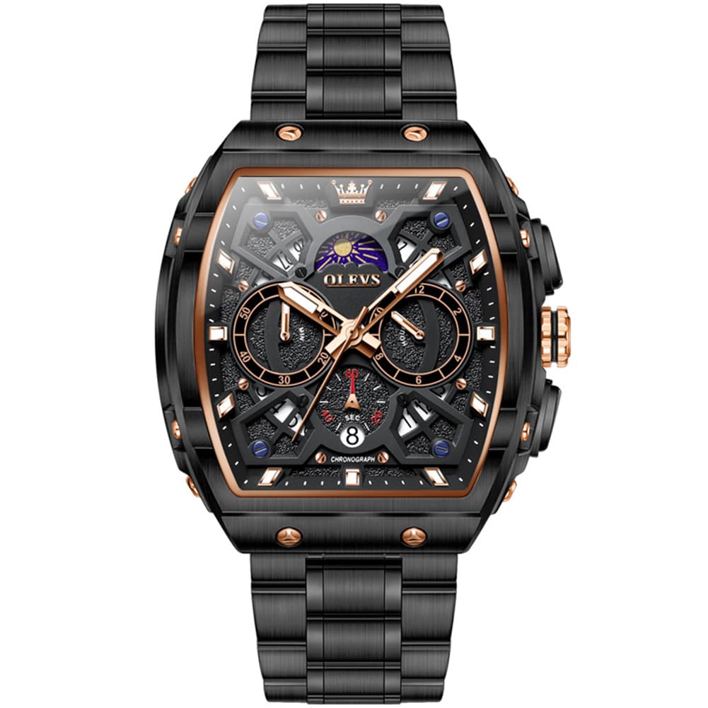 OLEVS 2942 Tonneau Dual Time Quartz Watch for Men - Black Rose Gold Watch | Olevs Watch Store