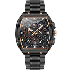 OLEVS 2942 Tonneau Dual Time Quartz Watch for Men - Black Rose Gold Watch | Olevs Watch Store