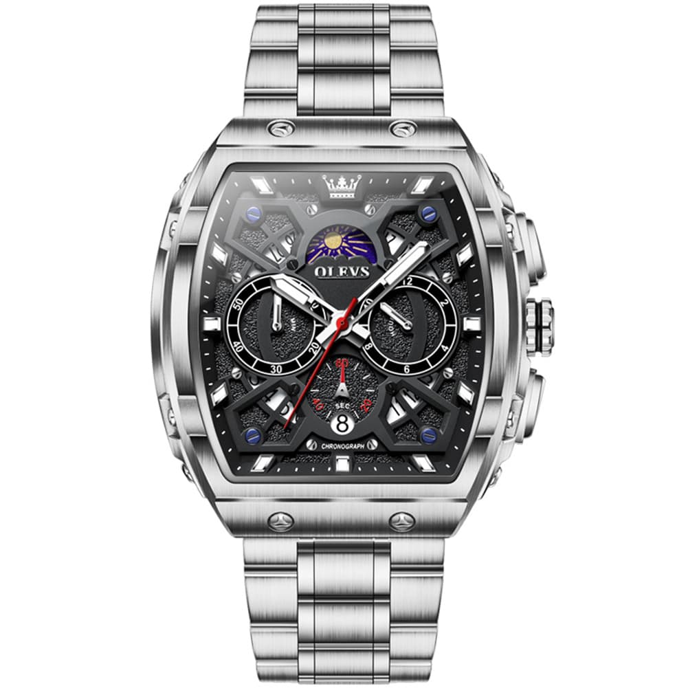 OLEVS 2942 Tonneau Dual Time Quartz Watch for Men - Silver Black Watch | Olevs Watch Store