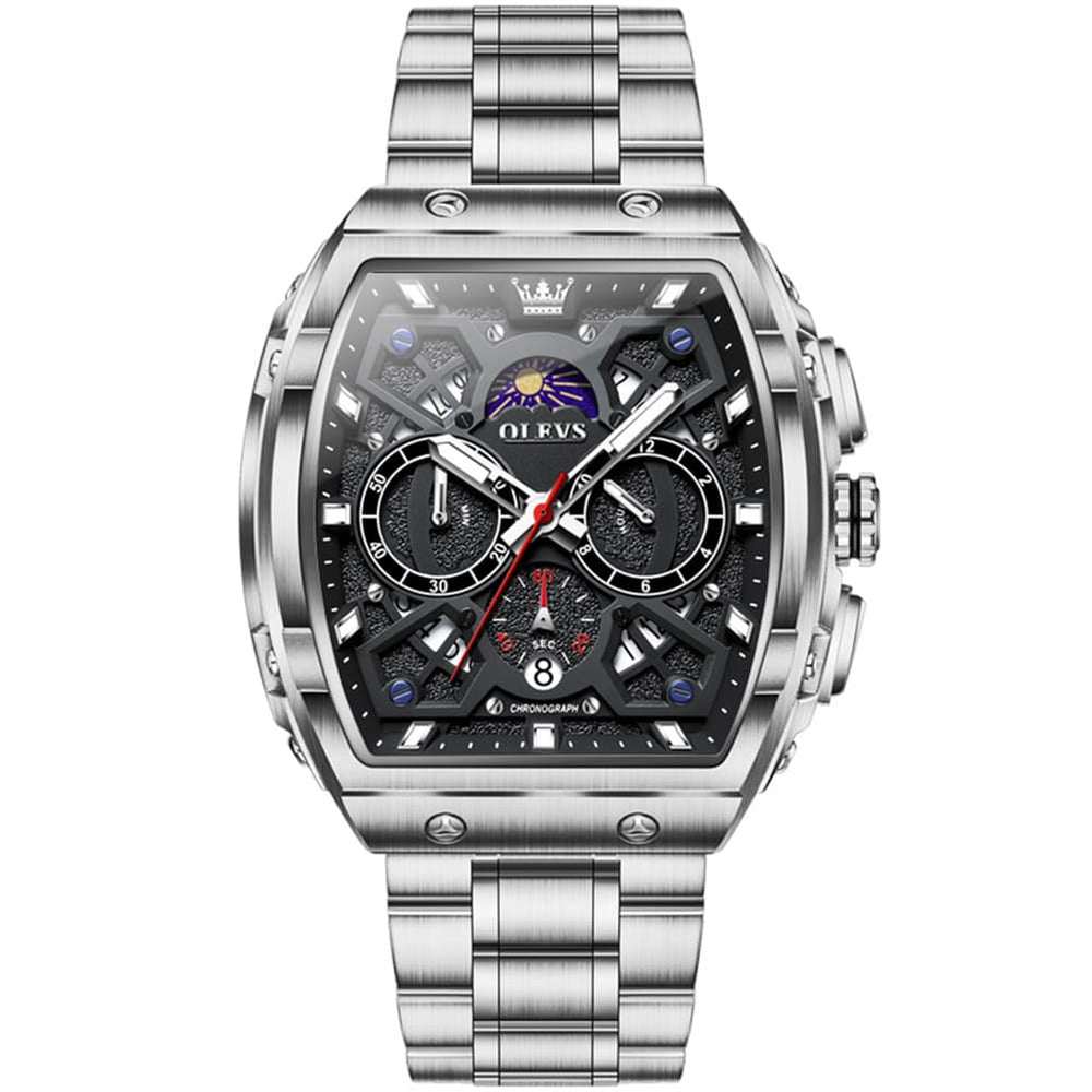 OLEVS 2942 Tonneau Dual Time Quartz Watch for Men - Silver Black Watch | Olevs Watch Store