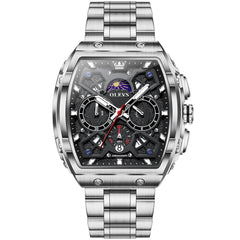 OLEVS 2942 Tonneau Dual Time Quartz Watch for Men - Silver Black Watch | Olevs Watch Store
