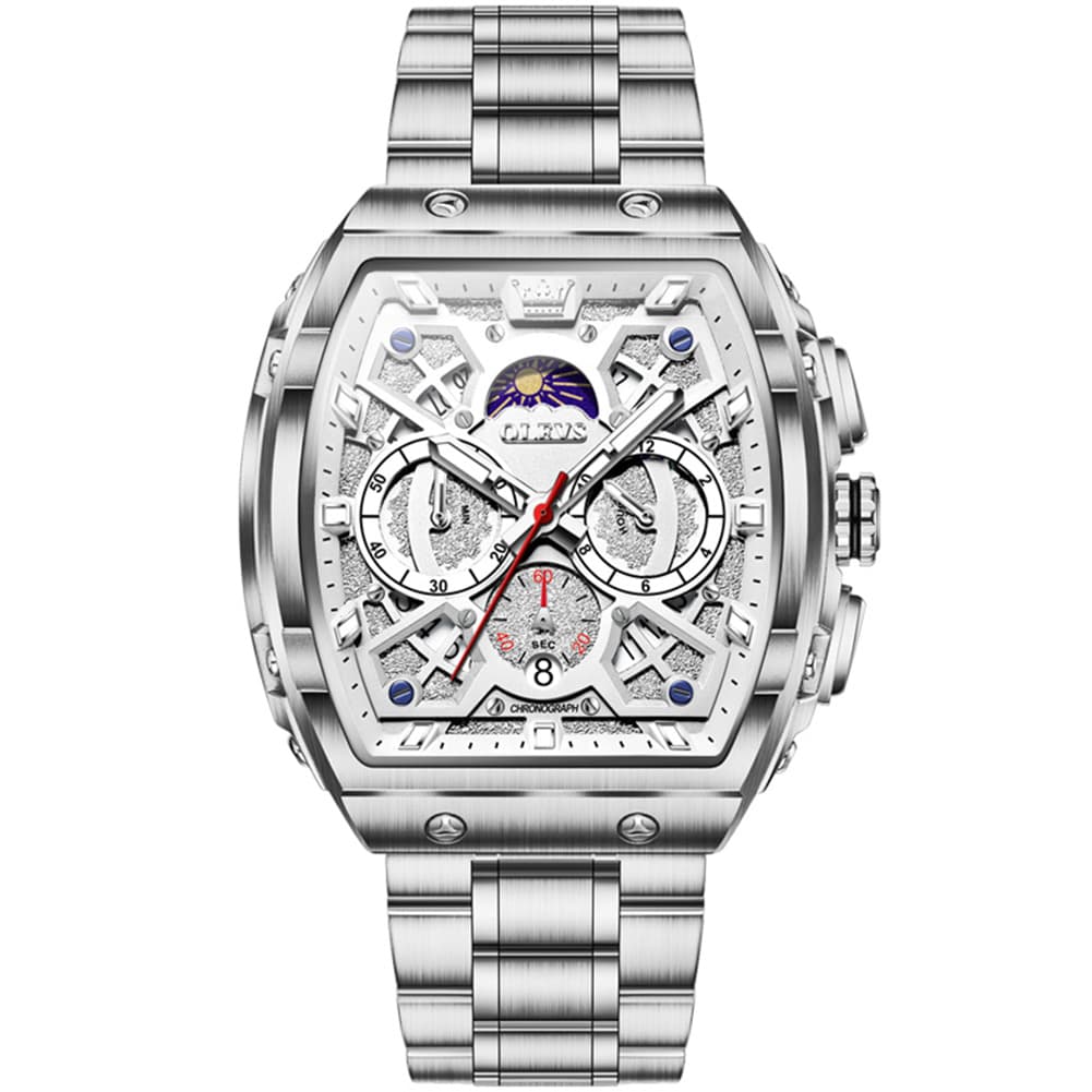 OLEVS 2942 Tonneau Dual Time Quartz Watch for Men - Silver White Watch | Olevs Watch Store