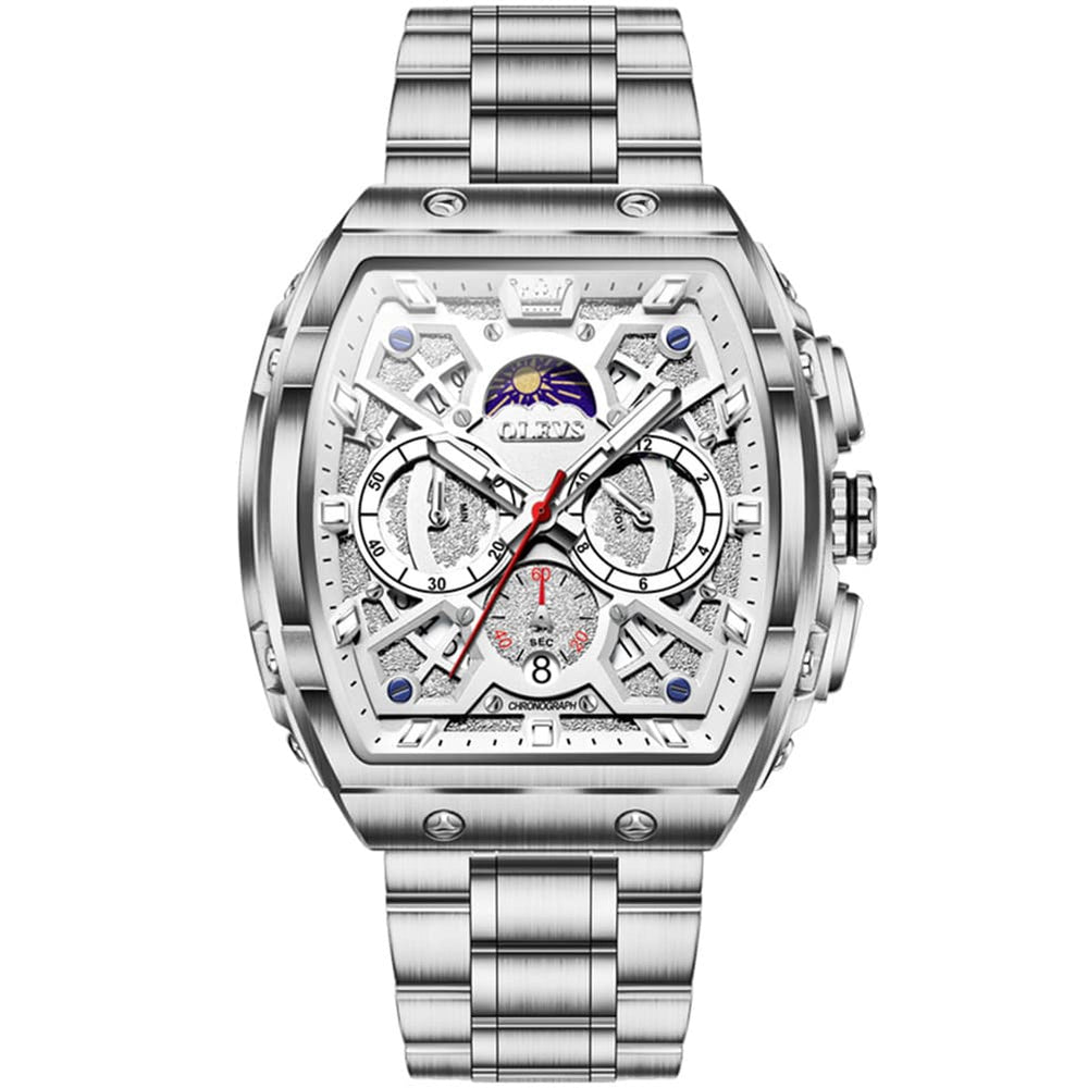 OLEVS 2942 Tonneau Dual Time Quartz Watch for Men - Silver White Watch | Olevs Watch Store