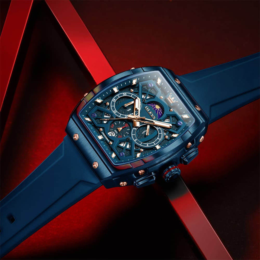 OLEVS 2942 Tonneau Silicone Sports Quartz Watch for Men - All Blue Watch | Olevs Watch Store