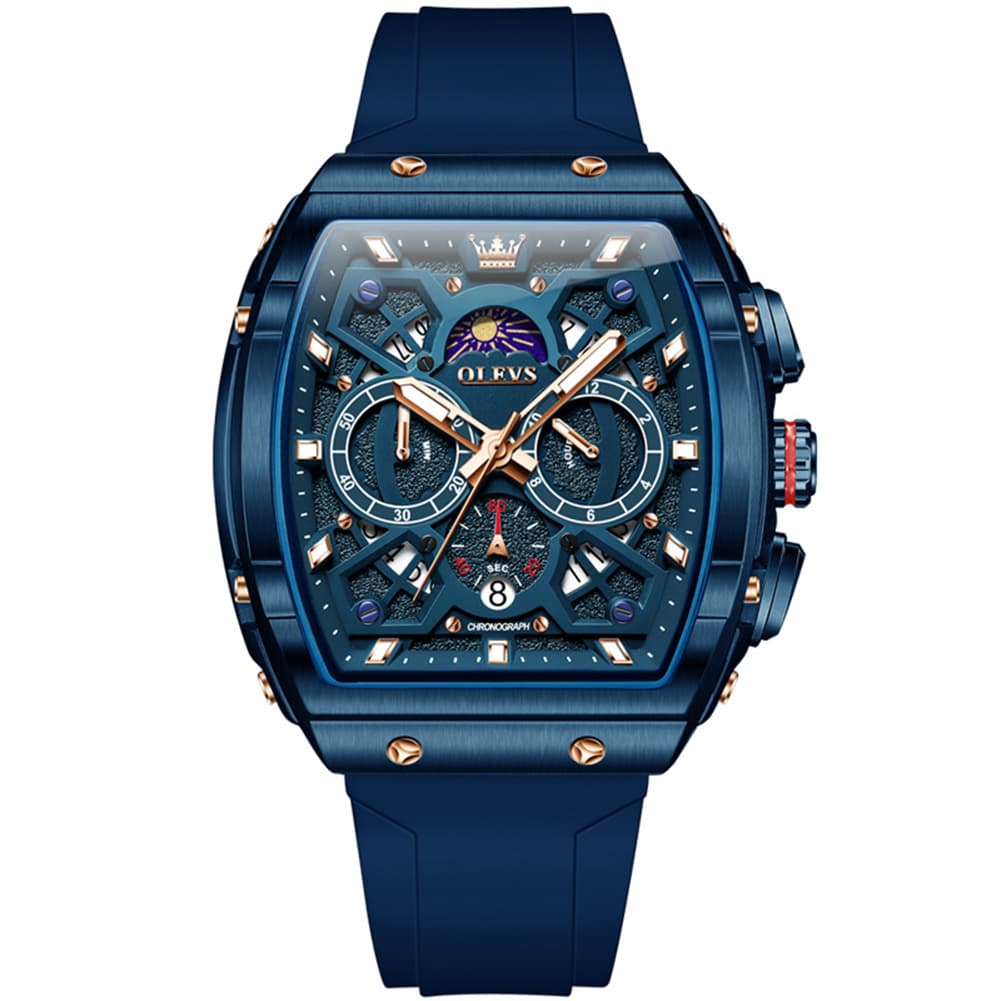 OLEVS 2942 Tonneau Silicone Sports Quartz Watch for Men - All Blue Watch | Olevs Watch Store