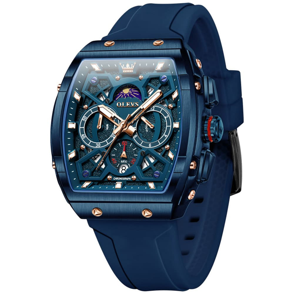 OLEVS 2942 Tonneau Silicone Sports Quartz Watch for Men - All Blue Watch | Olevs Watch Store