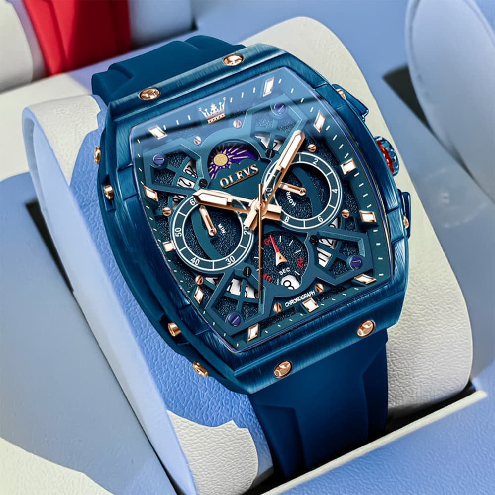 OLEVS 2942 Tonneau Silicone Sports Quartz Watch for Men - All Blue Watch | Olevs Watch Store