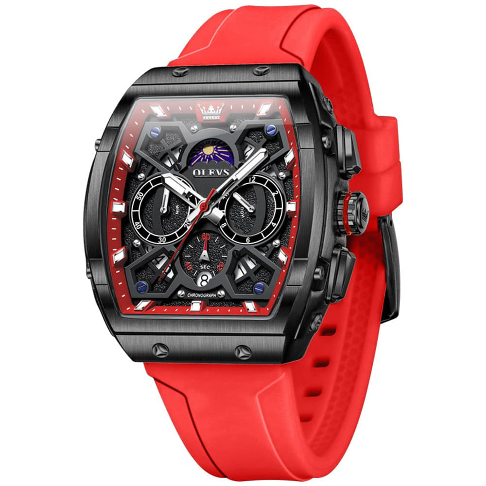 OLEVS 2942 Tonneau Silicone Sports Quartz Watch for Men - Black Red Watch | Olevs Watch Store