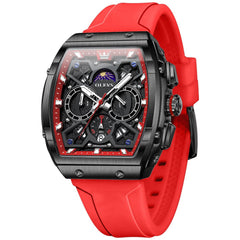 OLEVS 2942 Tonneau Silicone Sports Quartz Watch for Men - Black Red Watch | Olevs Watch Store