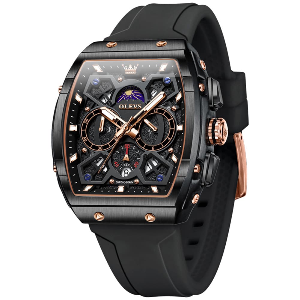 OLEVS 2942 Tonneau Silicone Sports Quartz Watch for Men - Rose Black Watch | Olevs Watch Store