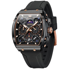 OLEVS 2942 Tonneau Silicone Sports Quartz Watch for Men - Rose Black Watch | Olevs Watch Store