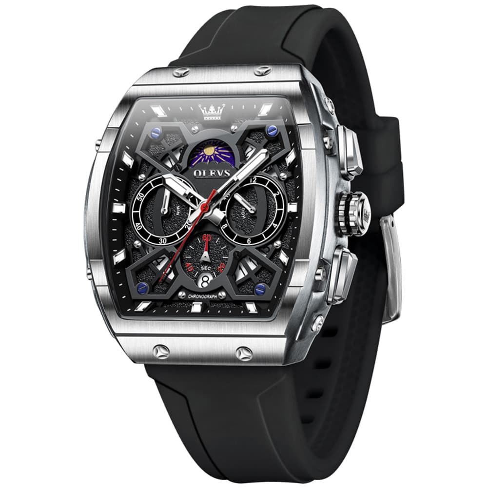 OLEVS 2942 Tonneau Silicone Sports Quartz Watch for Men - Silver Black Watch | Olevs Watch Store
