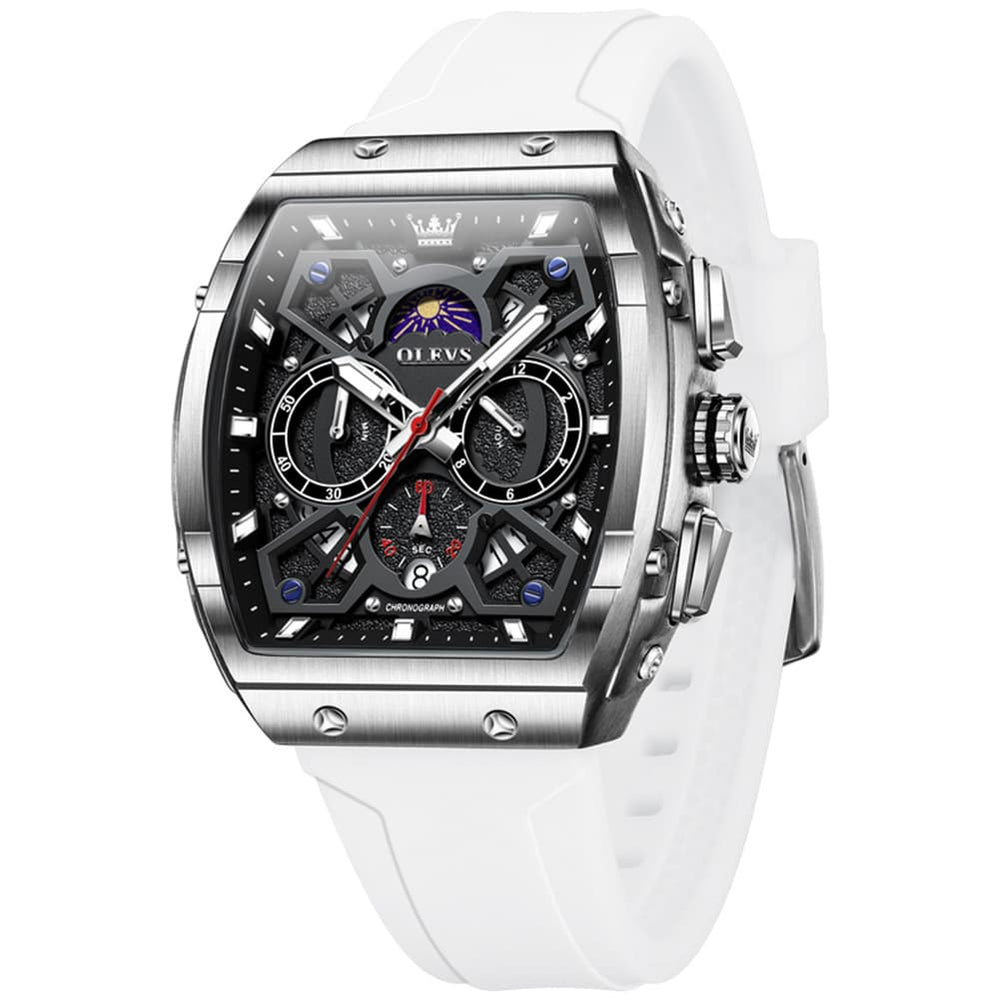 OLEVS 2942 Tonneau Silicone Sports Quartz Watch for Men - Silver White Watch | Olevs Watch Store