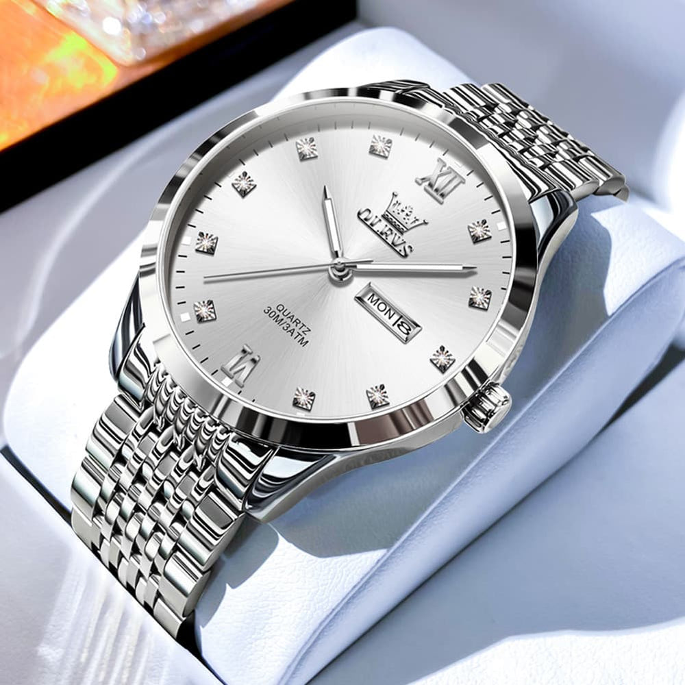 OLEVS 2943 Ultra Thin Diamond Dial Quartz Watch for Men - Silver White Watch | Olevs Watch Store