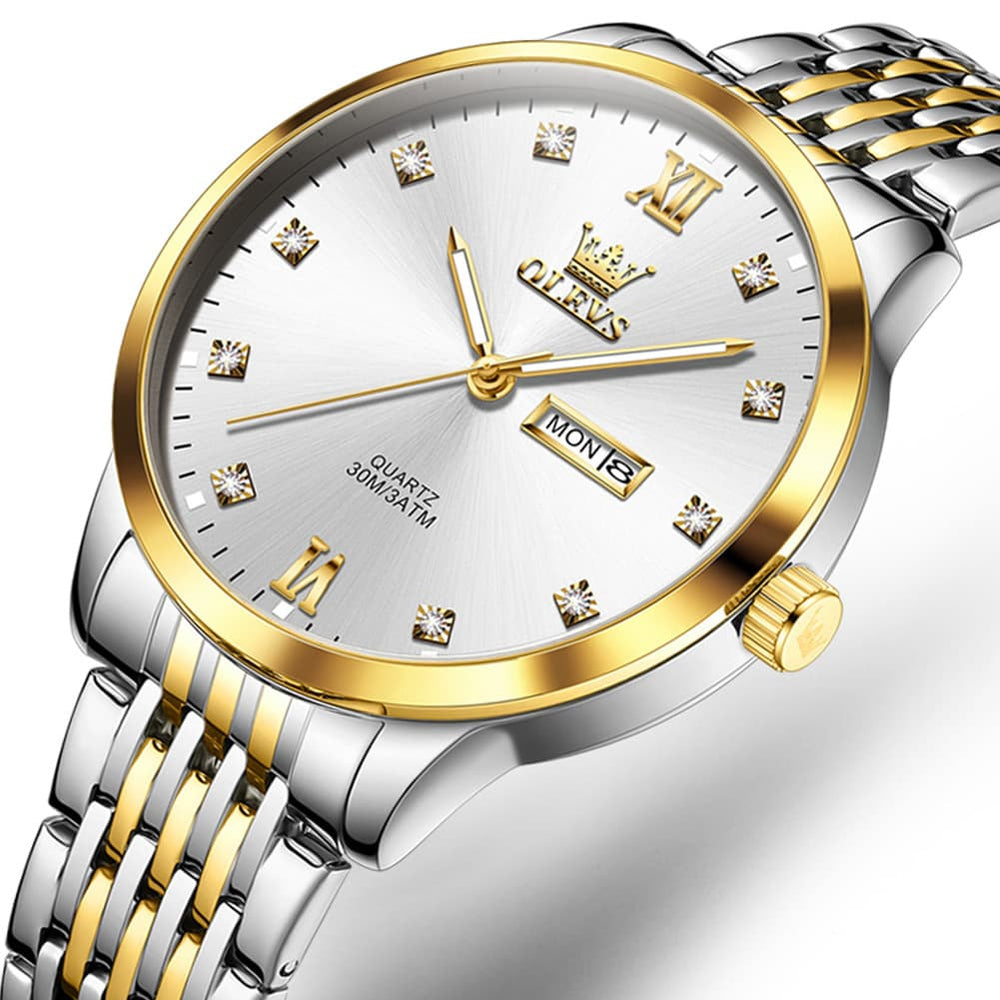 OLEVS 2943 Ultra Thin Diamond Dial Quartz Watch for Men - Two Tone White Watch | Olevs Watch Store