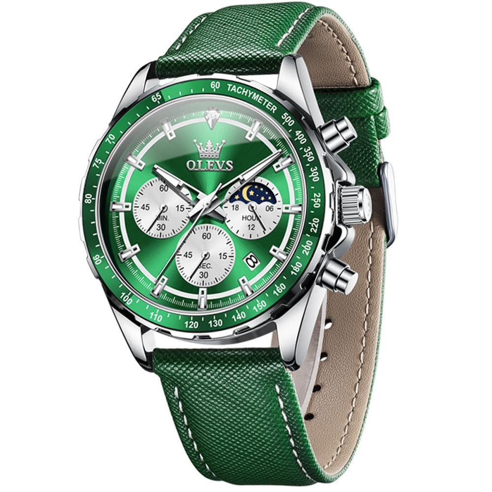 OLEVS 2945 Racing Chronograph Quartz Watch for Men - Leather Green Watch | Olevs Watch Store