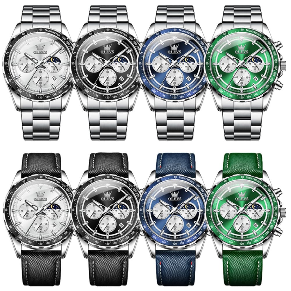 OLEVS 2945 Racing Chronograph Quartz Watch for Men - Leather Green Watch | Olevs Watch Store