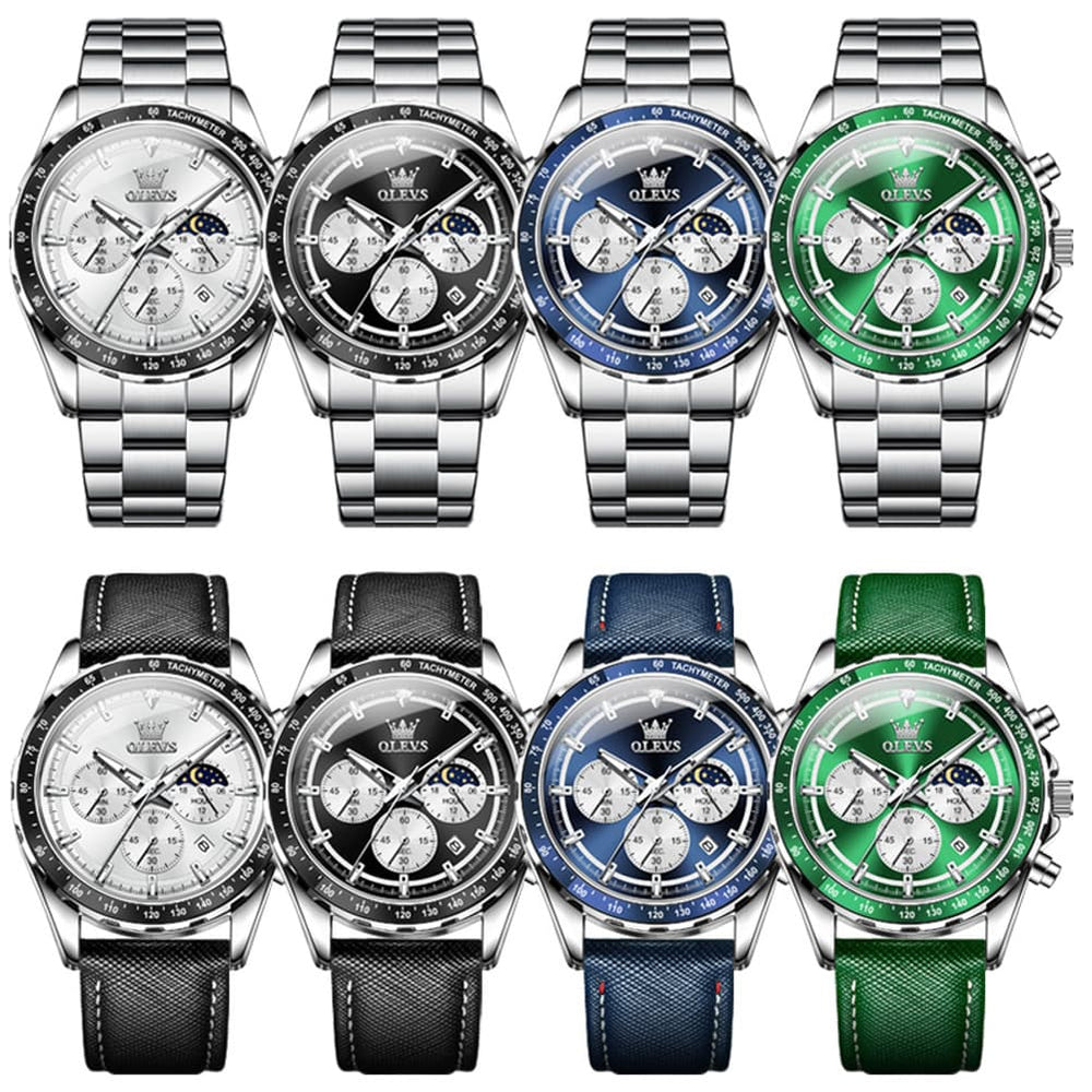 OLEVS 2945 Racing Chronograph Quartz Watch for Men - Leather Green Watch | Olevs Watch Store