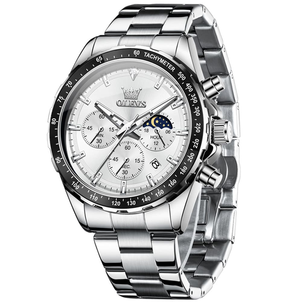 OLEVS 2945 Racing Chronograph Quartz Watch for Men - Steel White Watch | Olevs Watch Store