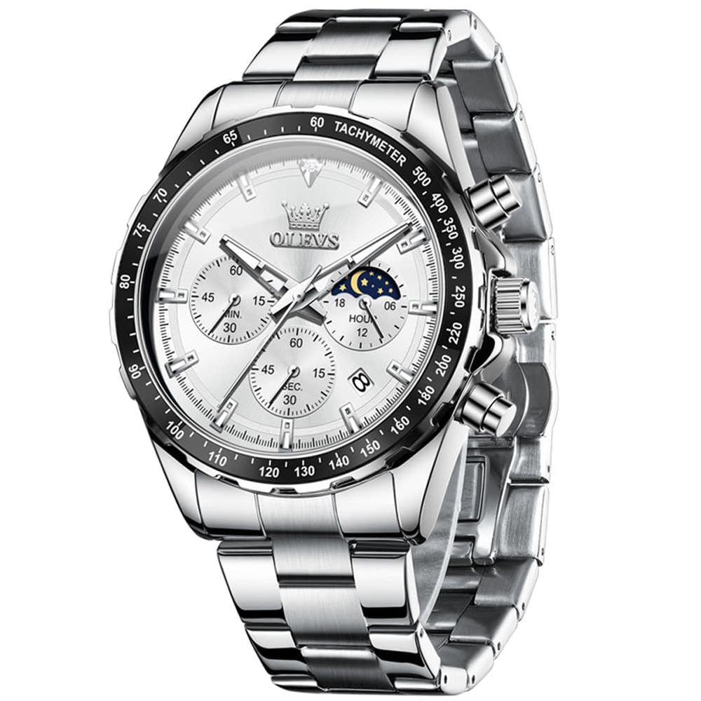 OLEVS 2945 Racing Chronograph Quartz Watch for Men - Steel White Watch | Olevs Watch Store