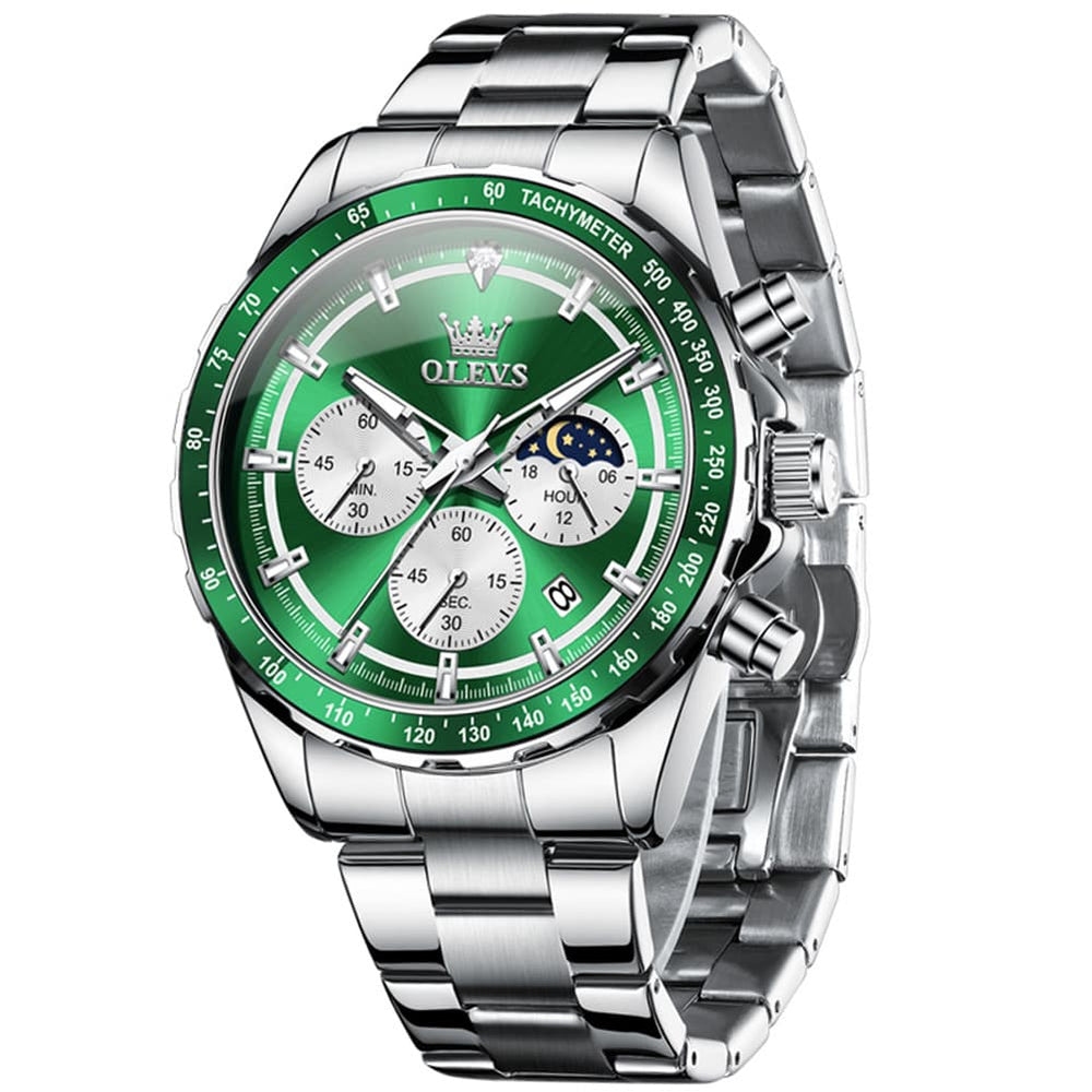 OLEVS 2945 Racing Chronograph Quartz Watch for Men - Leather Green Watch | Olevs Watch Store