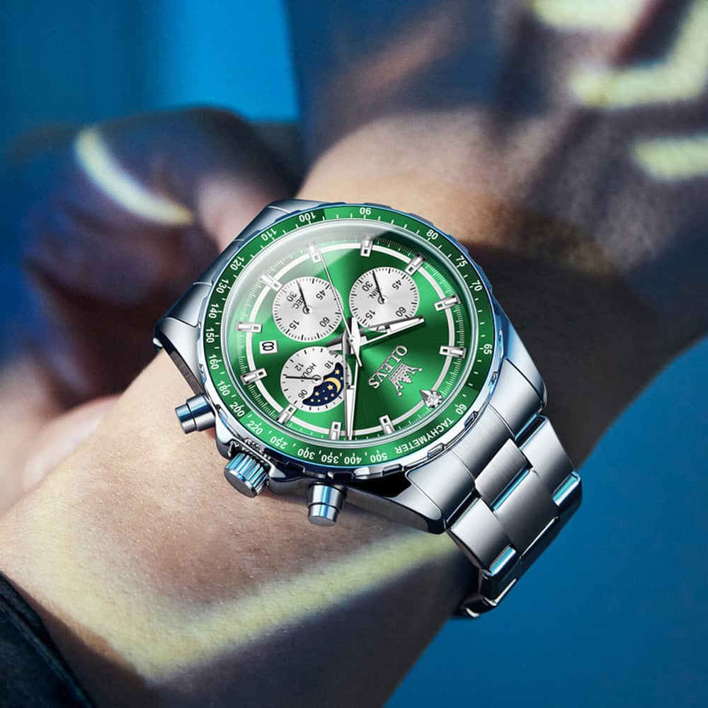OLEVS 2945 Racing Chronograph Quartz Watch for Men - Leather Green Watch | Olevs Watch Store