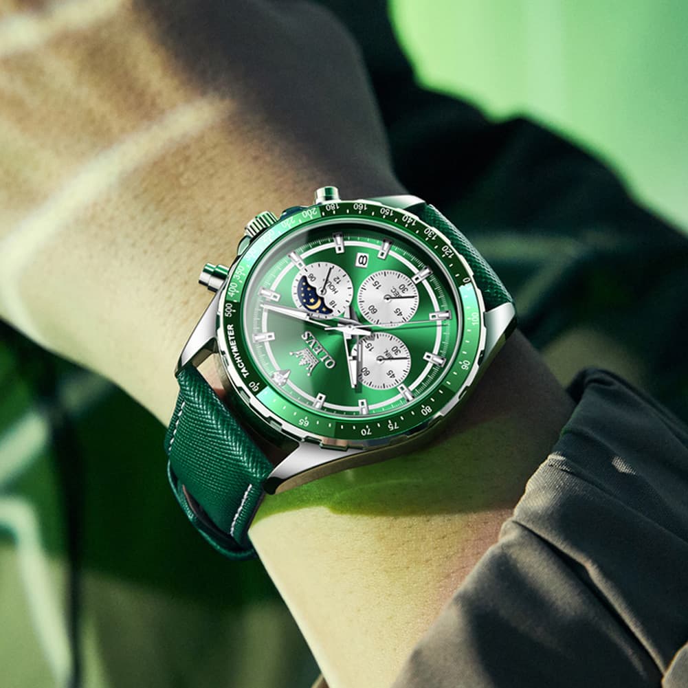OLEVS 2945 Racing Chronograph Quartz Watch for Men - Leather Green Watch | Olevs Watch Store