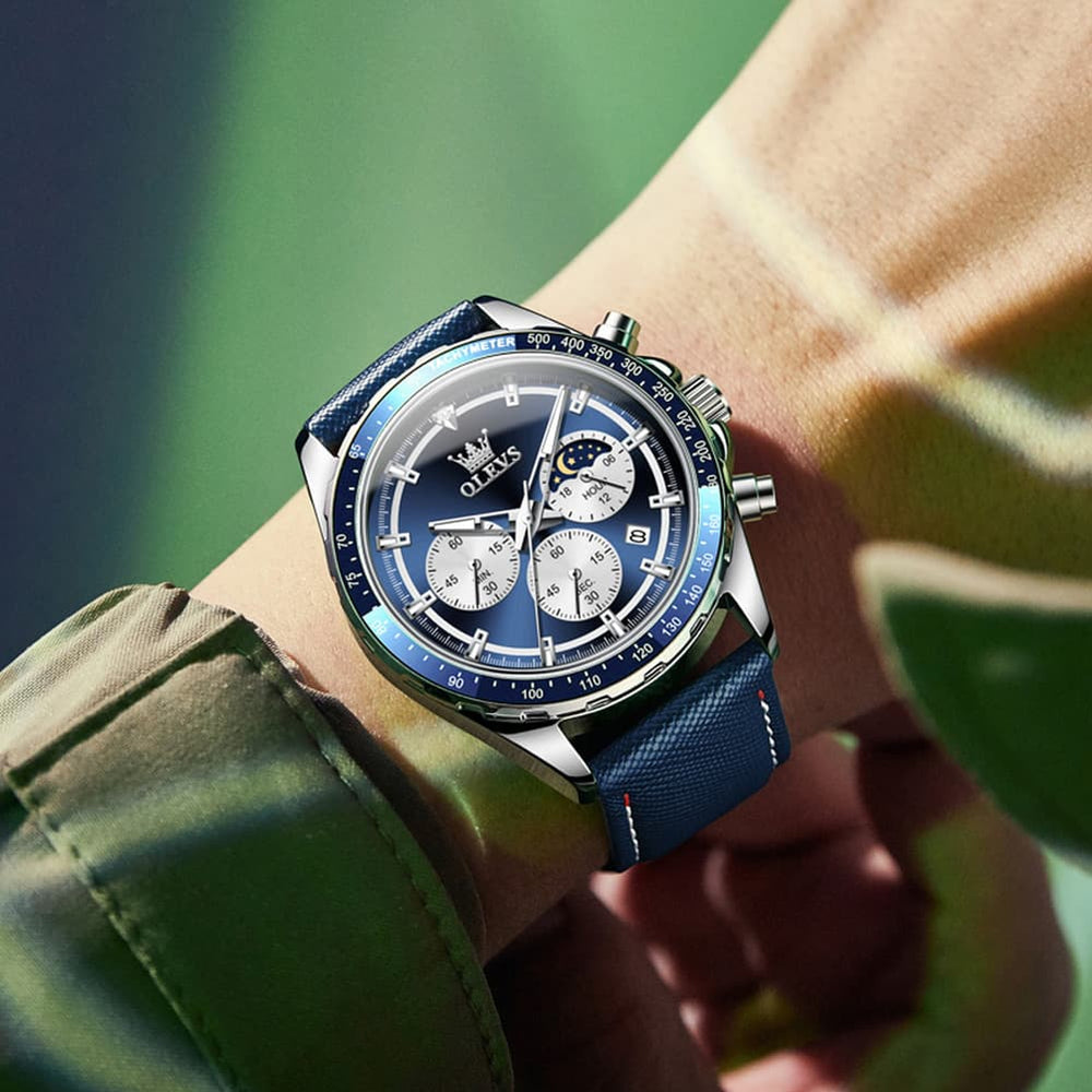 OLEVS 2945 Racing Chronograph Quartz Watch for Men - Leather Green Watch | Olevs Watch Store