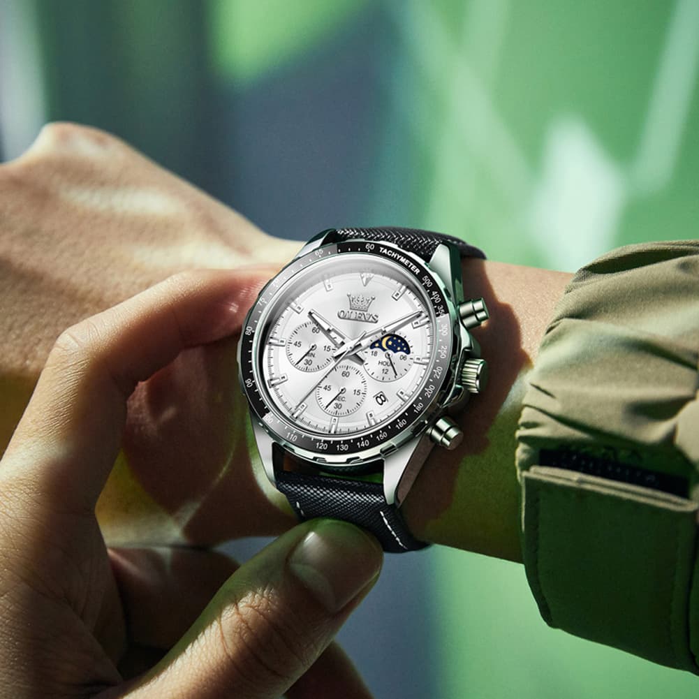 OLEVS 2945 Racing Chronograph Quartz Watch for Men - Leather Green Watch | Olevs Watch Store