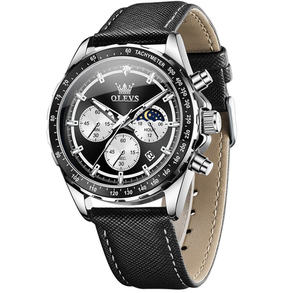 OLEVS 2945 Racing Chronograph Quartz Watch for Men - Leather Black Watch | Olevs Watch Store