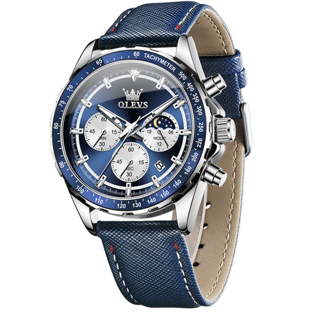 OLEVS 2945 Racing Chronograph Quartz Watch for Men - Leather Blue Watch | Olevs Watch Store