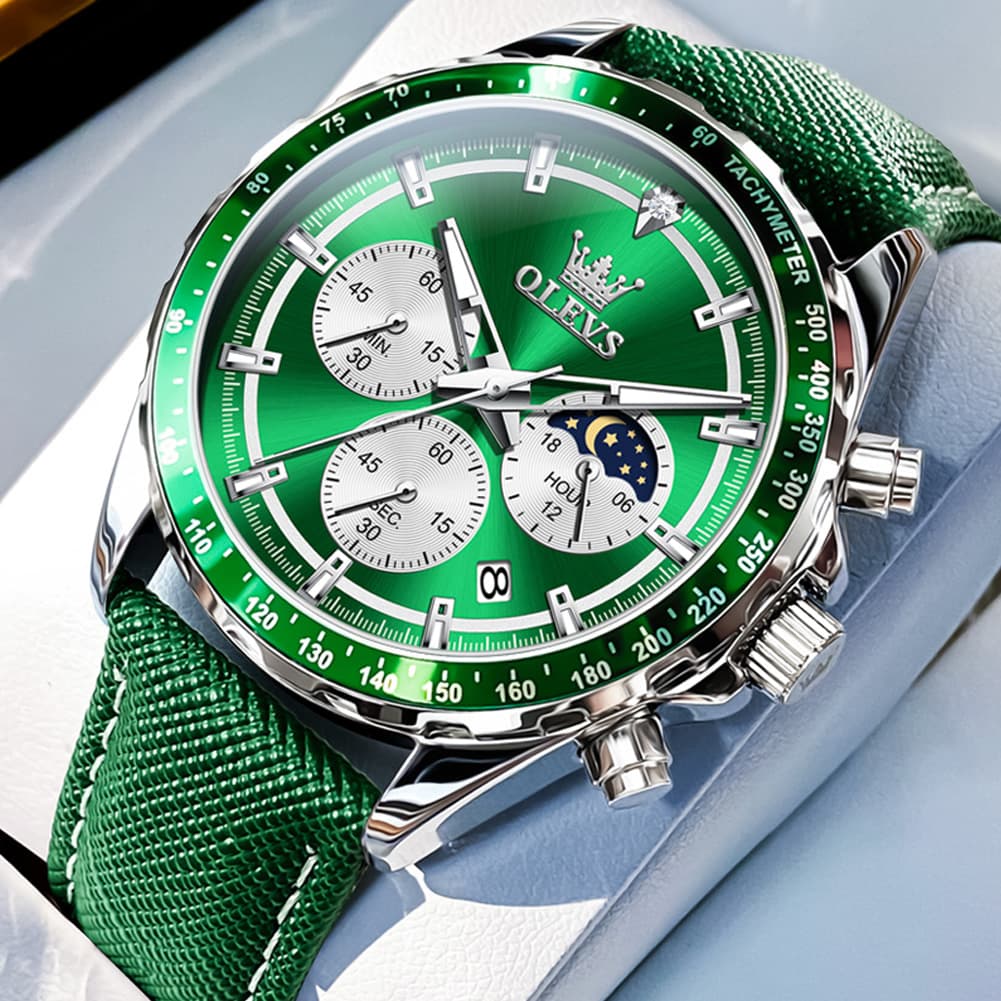 OLEVS 2945 Racing Chronograph Quartz Watch for Men - Leather Green Watch | Olevs Watch Store