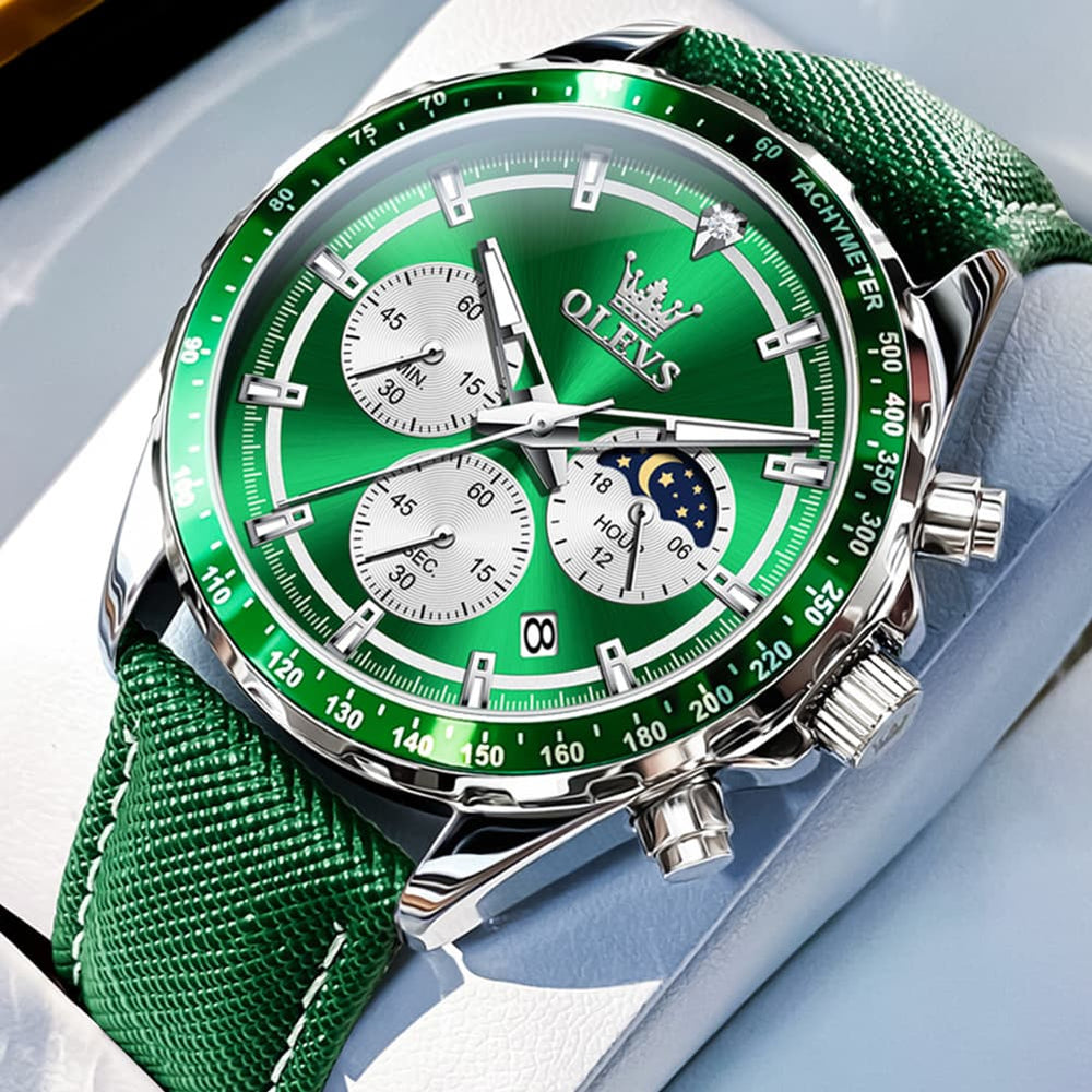 OLEVS 2945 Racing Chronograph Quartz Watch for Men - Leather Green Watch | Olevs Watch Store