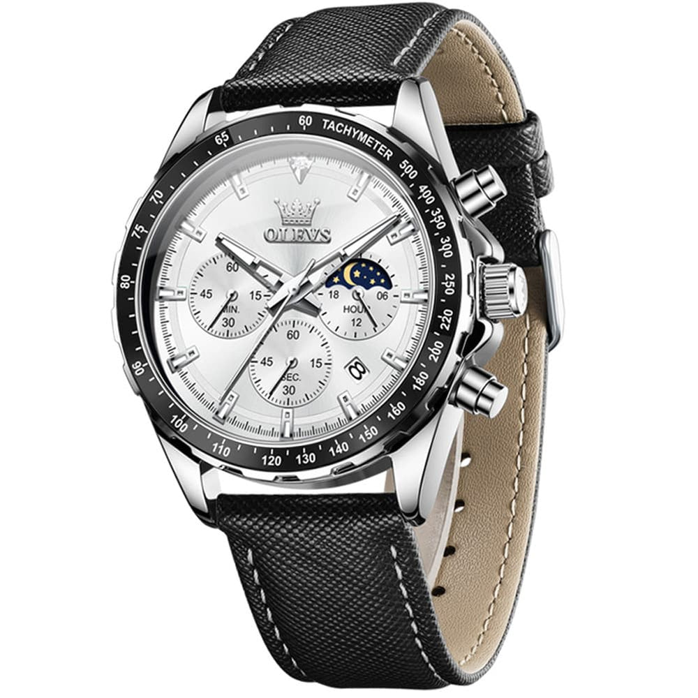 OLEVS 2945 Racing Chronograph Quartz Watch for Men - Leather White Watch | Olevs Watch Store