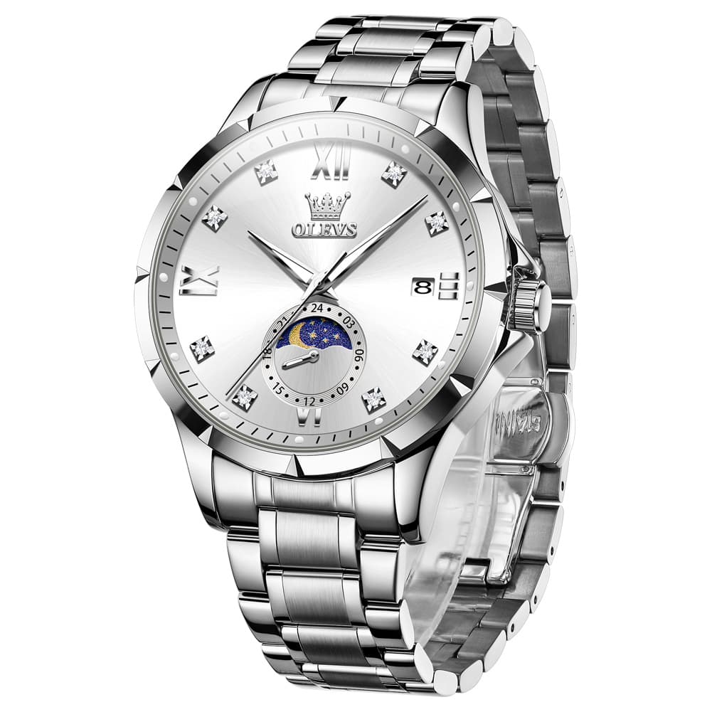 OLEVS 2956 Moon Phase Quartz Watch for Men - Silver Black Watch | Olevs Watch Store