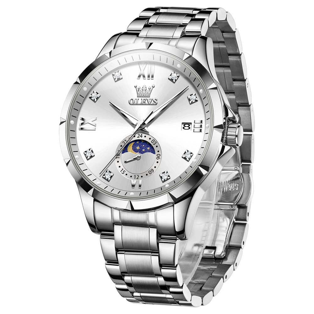 OLEVS 2956 Moon Phase Quartz Watch for Men - Silver Black Watch | Olevs Watch Store