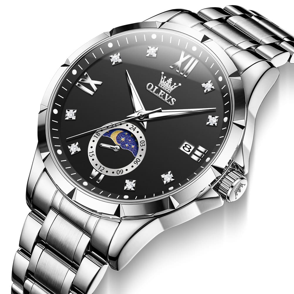 OLEVS 2956 Moon Phase Quartz Watch for Men - Silver Black Watch | Olevs Watch Store