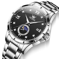 OLEVS 2956 Moon Phase Quartz Watch for Men - Silver Black Watch | Olevs Watch Store