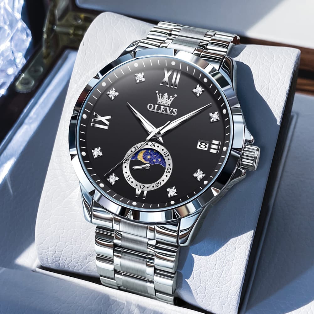 OLEVS 2956 Moon Phase Quartz Watch for Men - Silver Black Watch | Olevs Watch Store