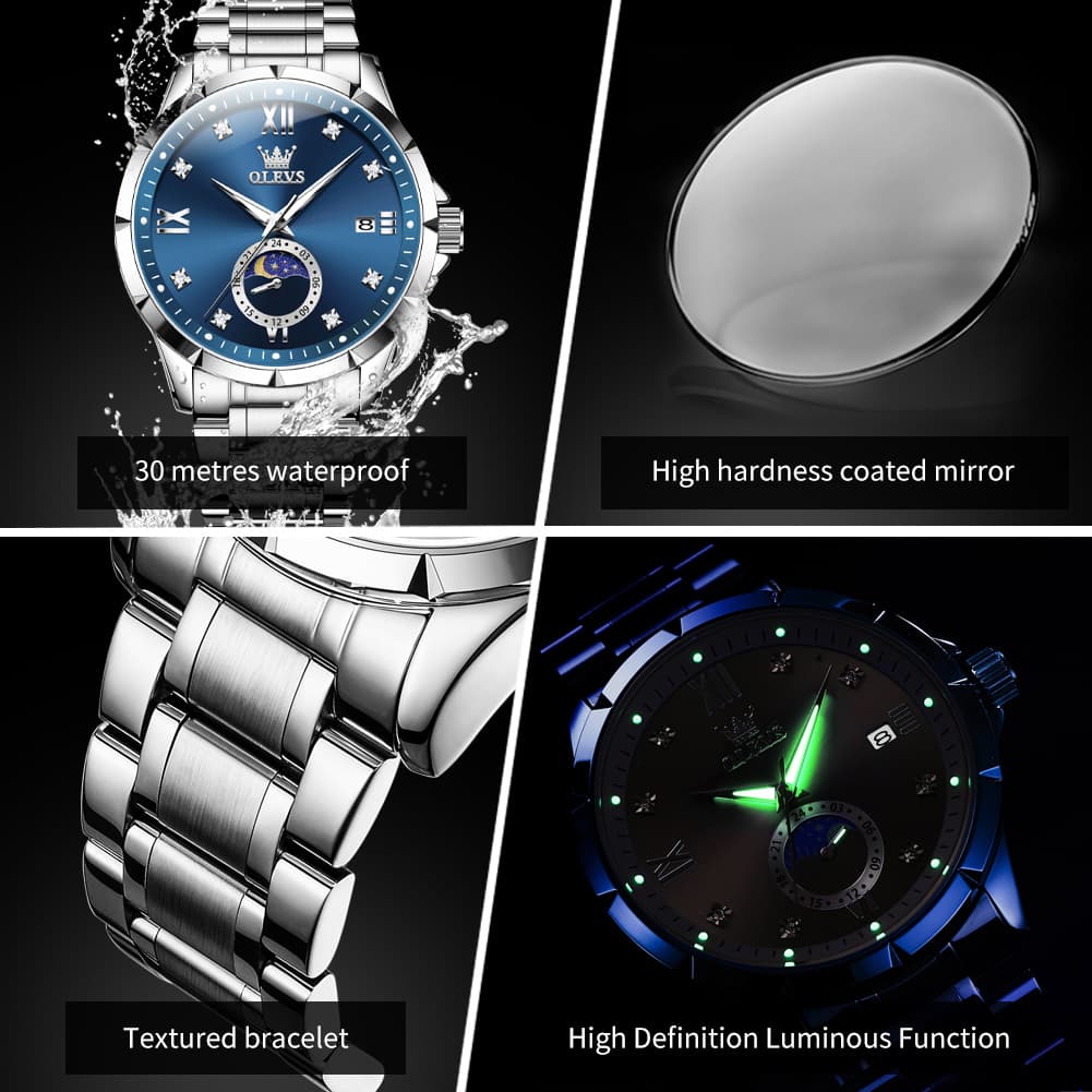 OLEVS 2956 Moon Phase Quartz Watch for Men - Silver Black Watch | Olevs Watch Store