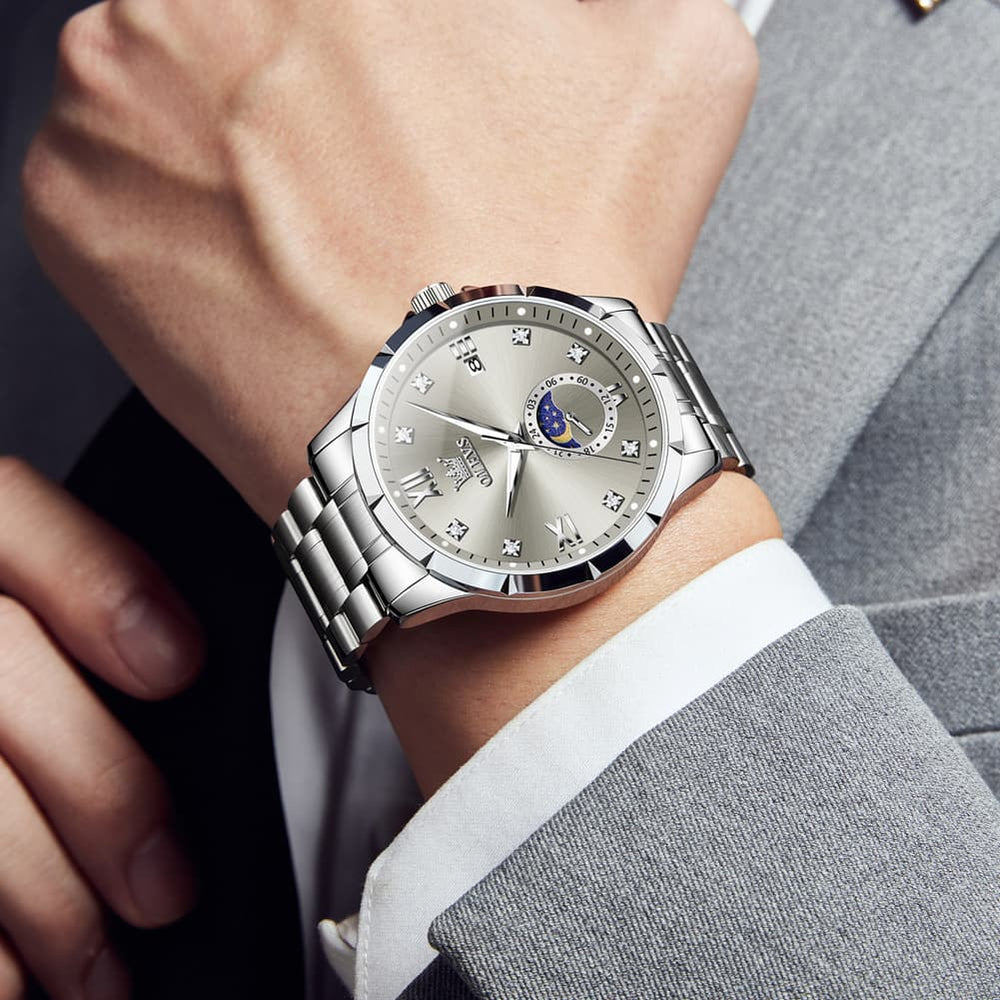 OLEVS 2956 Moon Phase Quartz Watch for Men - Silver Black Watch | Olevs Watch Store