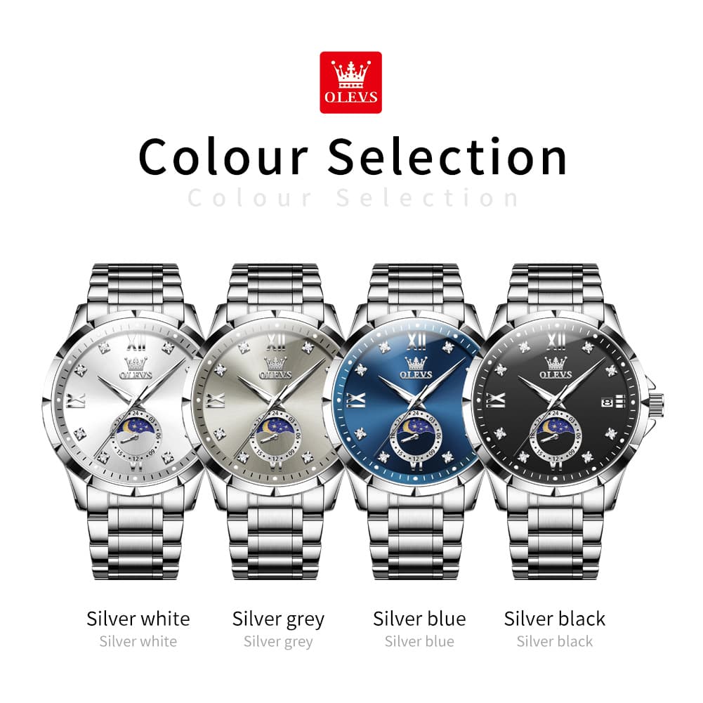 OLEVS 2956 Moon Phase Quartz Watch for Men - Silver Black Watch | Olevs Watch Store