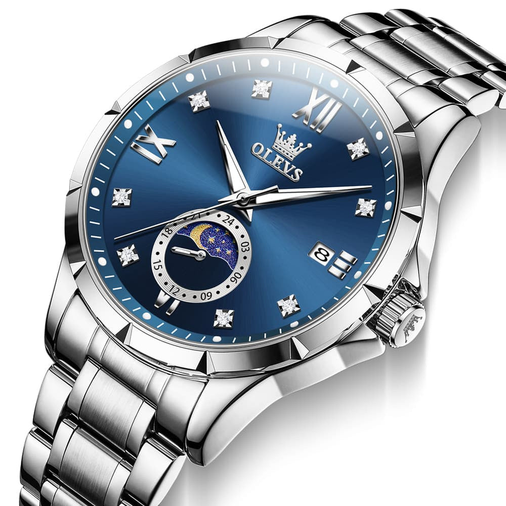 OLEVS 2956 Moon Phase Quartz Watch for Men - Silver Blue Watch | Olevs Watch Store