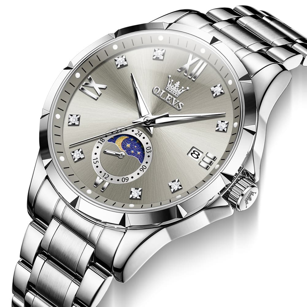OLEVS 2956 Moon Phase Quartz Watch for Men - Silver Grey Watch | Olevs Watch Store