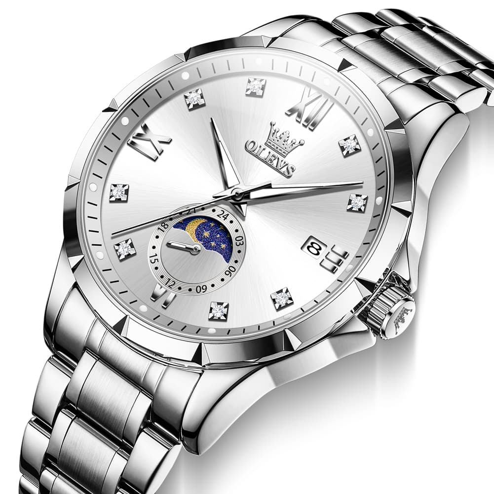 OLEVS 2956 Moon Phase Quartz Watch for Men - Silver White Watch | Olevs Watch Store