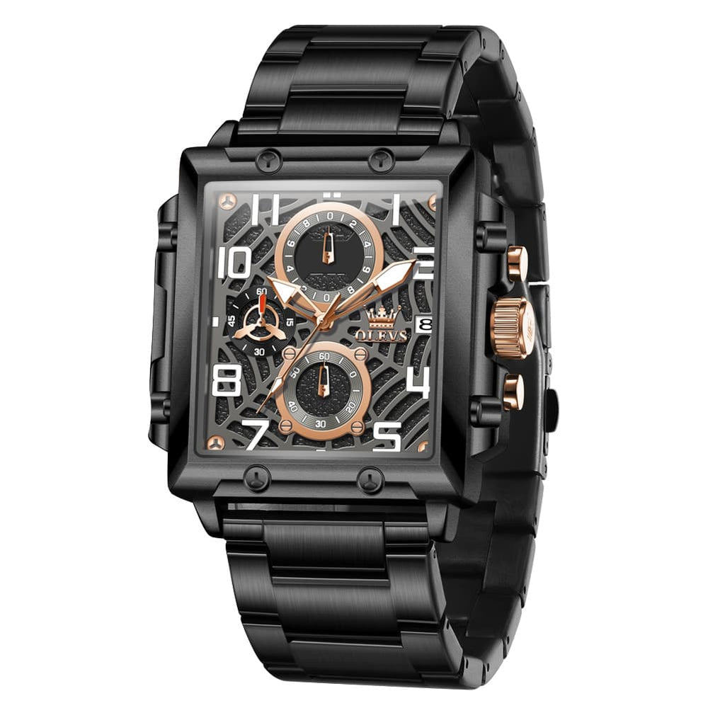 OLEVS 2958 Square Skeleton Chronograph Watch for Men - All Black Watch | Olevs Watch Store