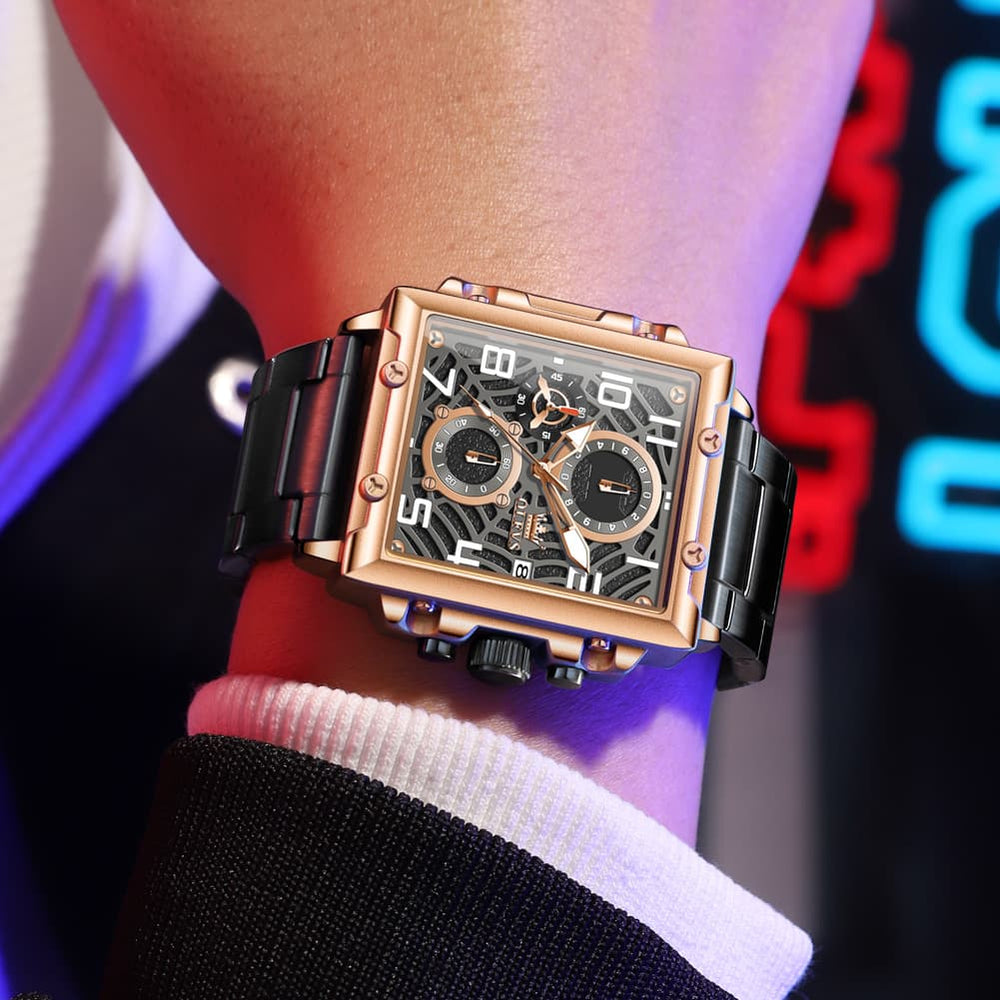 OLEVS 2958 Square Skeleton Chronograph Watch for Men - Rose Gold Watch | Olevs Watch Store