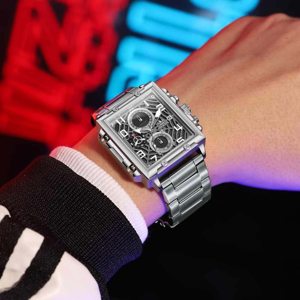 OLEVS 2958 Square Skeleton Chronograph Watch for Men - Rose Gold Watch | Olevs Watch Store