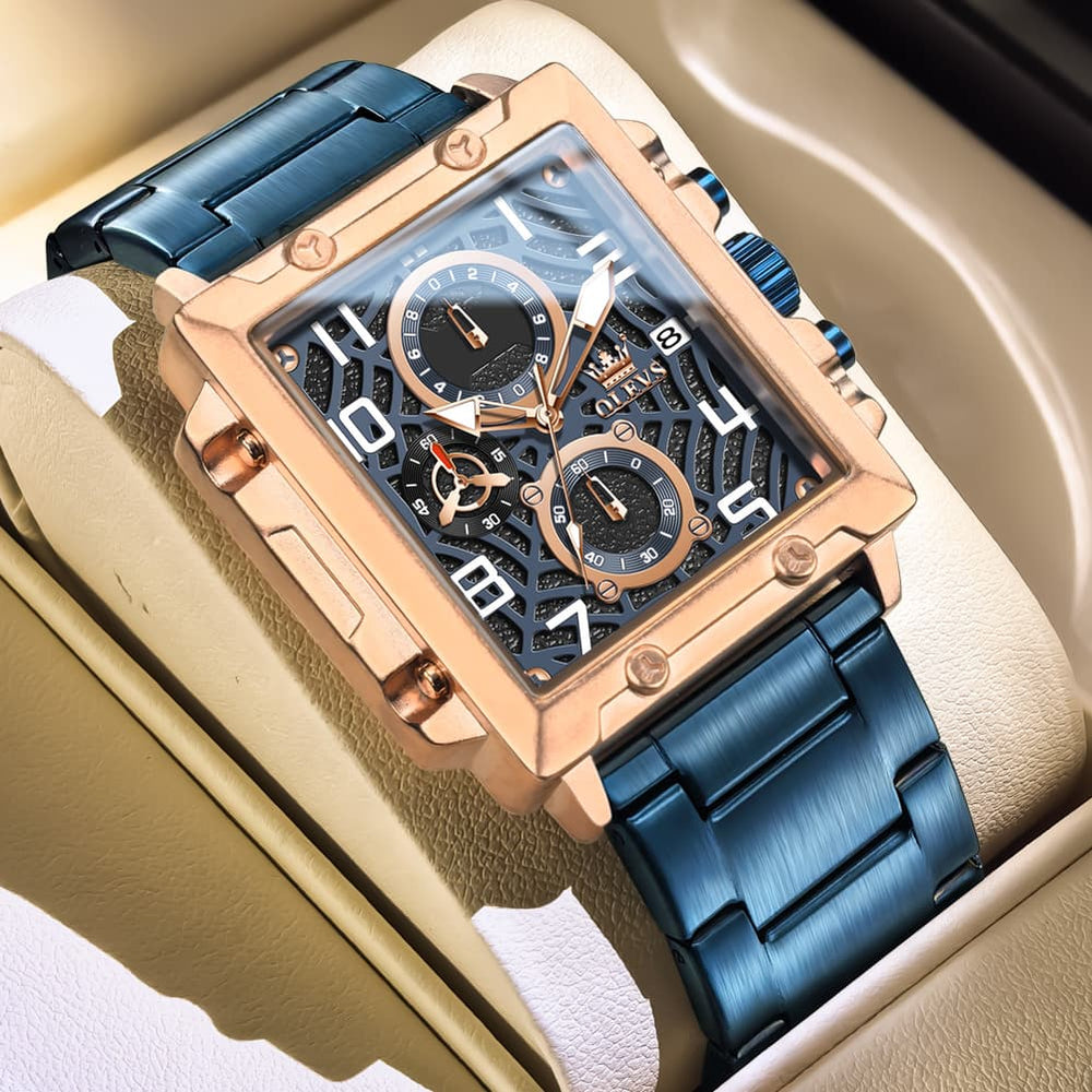 OLEVS 2958 Square Skeleton Chronograph Watch for Men - Rose Gold Watch | Olevs Watch Store